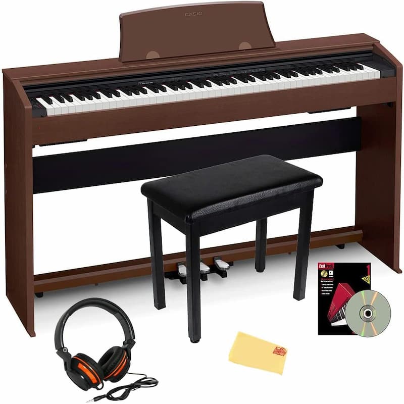 Brown Casio PX-770 keyboard with black bench and headphones